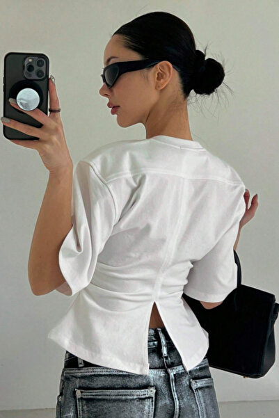 Tarz Cool Γυναικεία λευκή κοντομάνικη μπλούζα/μπλουζάκι με ανοιχτή πλάτη εφαρ...