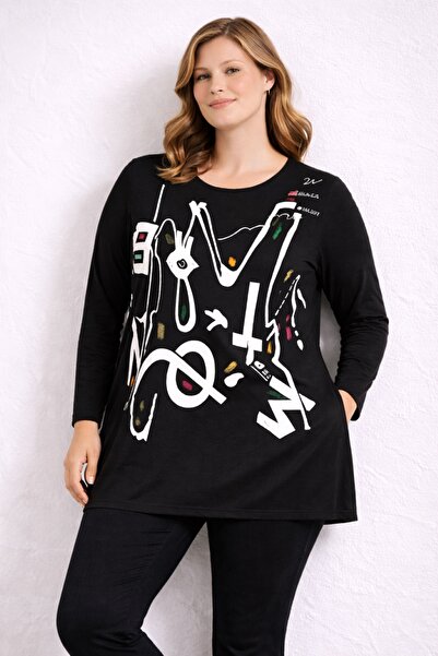 Şans Жіноча блузка великого розміру, чорна, з принтом, довгими рукавами, А-си...