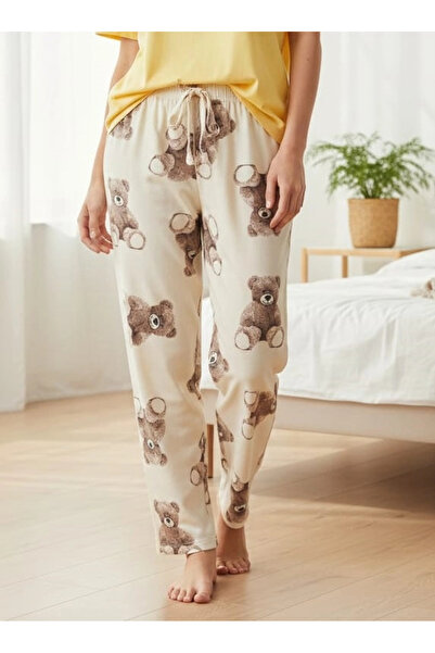 Erdenay Tekstil Silky Textured Suede Pajama Bottoms with Cream Teddy Bear Pat...