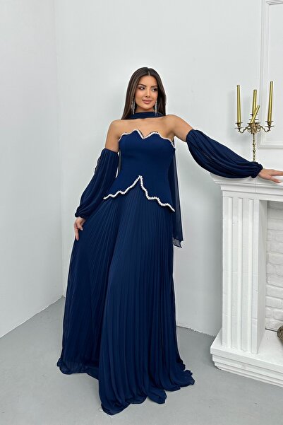 İyem Abiye Pliseli Balon Kol Ve Şallı Taş Detaylı Şık Tasarım Abiye Elbise Da...