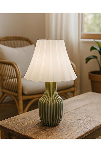 METU SHOP Dekoratif Masa Lambası Abajur Tasarım Beyaz Başlık ve Yeşil Uzun Gö...