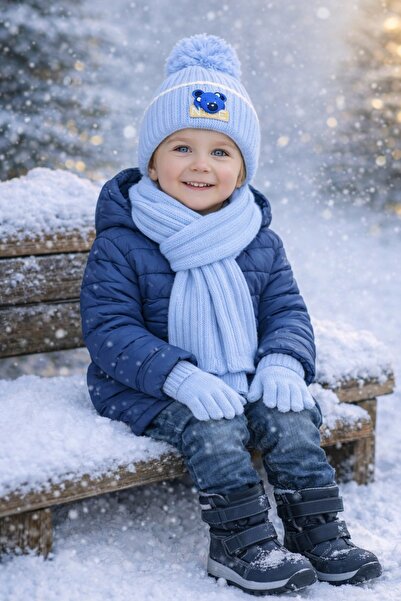 Tk Spor 5-10 Years Old Children's Cotton Scarf, Beanie, Gloves Set, Set of 3 ...