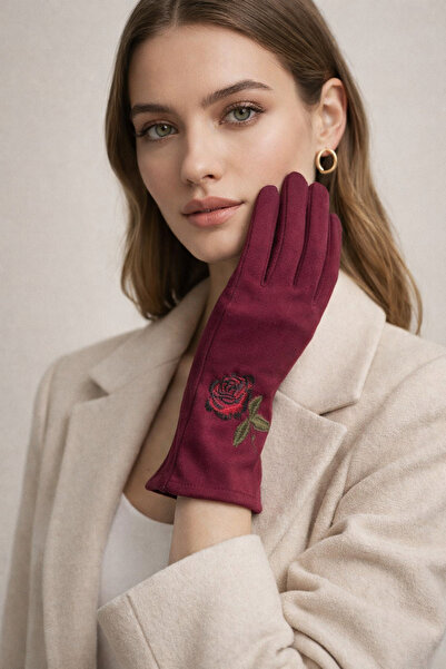 Şirin Giyim Aksesuar Kaşe Eldiven Kadın - Bordo Gül Detay Telefon Dokunmatikl...