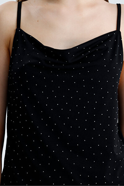 schlank Women's Stone Detailed Rope Strap Collar Black Blouse