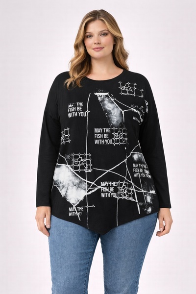 Şans Women's Plus Size Black, Print Stone Detail, Asymmetric Viscose Blouse 65N39345