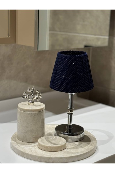 Maison Avf Lacivert Velvet Glow Kablosuz Pilli Masa Lambası - Alt Uzun Gümüş