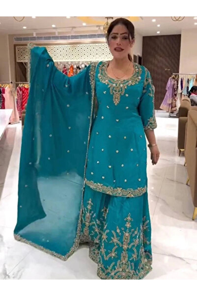 MYSMAR Blue Natural Crepe Silk Top Bottom Dupatta - HRT5092 | Blue