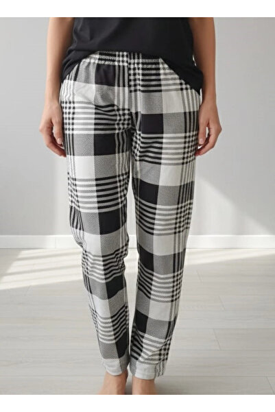 Erdenay Tekstil Silky Textured Suede Pajama Bottoms with Brown Plaid on Cream...