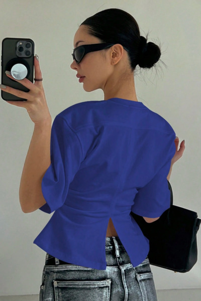 Tarz Cool Γυναικεία μπλούζα/μπλουζάκι με κοντό μανίκι μπλε κοβαλτίου με ανοιχ...