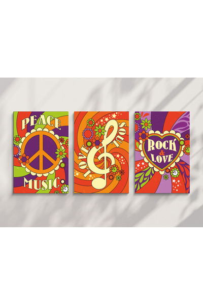 Hayat Poster Hippie Style Peace Love Music 3 Piece Mdf Painting Retro Wooden ...