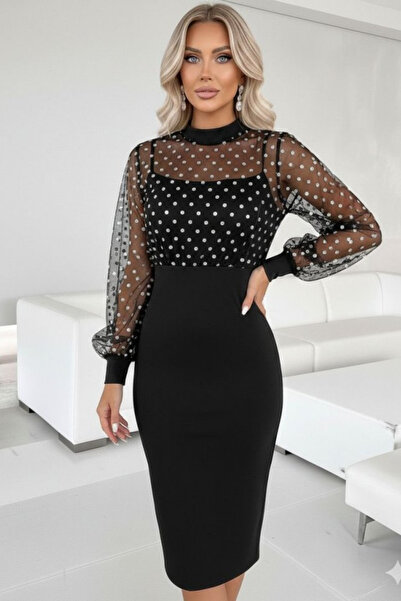 Viyamo Yeni Sezon Kadın Balıkçı Yaka Puantiyeli Tül Detay Midi Boy Şık Elbise