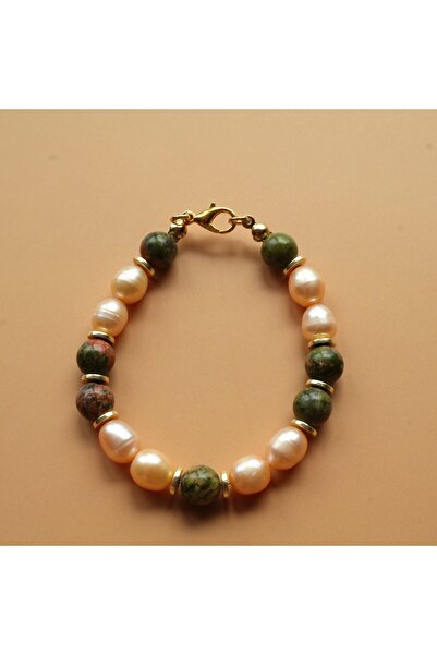 B Design jewelry Almond Unakite Stone and Pink Pearl Bracelet