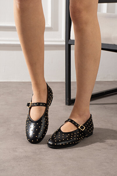 SOFT Melodi Stella Women's Black Studded Buckle Daily Comfortable Ballerinas