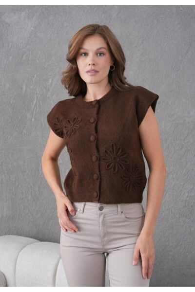 fuşyha butik Kendiliğinden Düğmeli Çiçek Desenli Triko Süveter