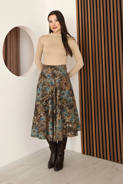 lodmela Printed and Sequined Velvet Flared Skirt 6070-Brown/Multicolor