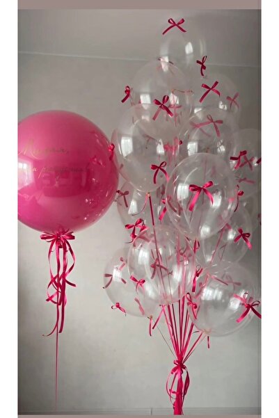 Çemrek Süs Parti Jumbo Fuchsia Bow and Transparent Balloon Bundle Set of 11