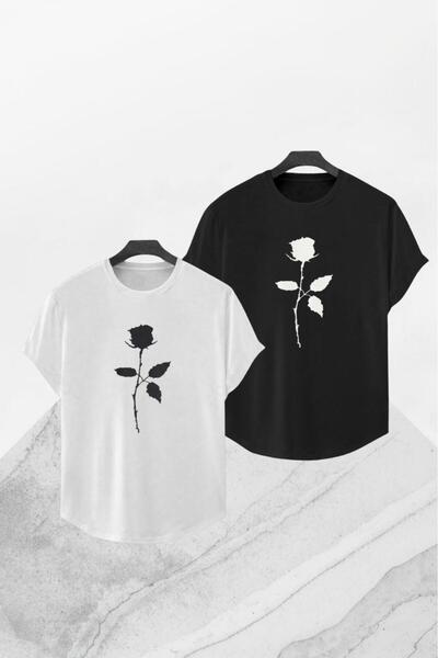 NO 601 Unisex Black-White Rose Printed 2-Pack Basic S Slim Fit Oval Cut Crew ...