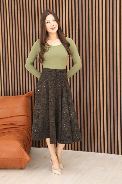 lodmela Printed and Sequined Velvet Flared Skirt 6070-Brown/Green