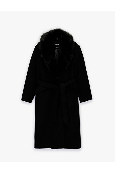 Koton Довгорукавий знімний штучний хутряний комір з поясом, кашеміровий пальто
