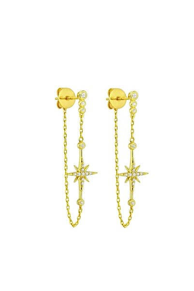 Siminkari Zincirli Kutup Yıldızı Altın Sarısı Gümüş Küpe