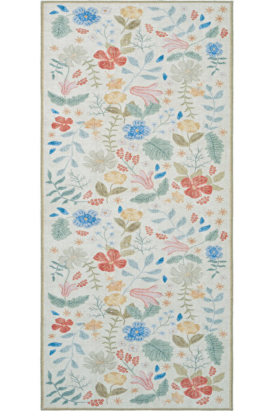 Cool Halı Florence Krem Pembe Renkli Mutfak Çiçekli İnce Yıkanabilir Kolay Te...