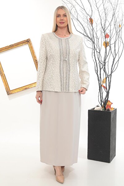 MİSS DİAMOND Jacket with beaded beige long dress jacket two-piece set