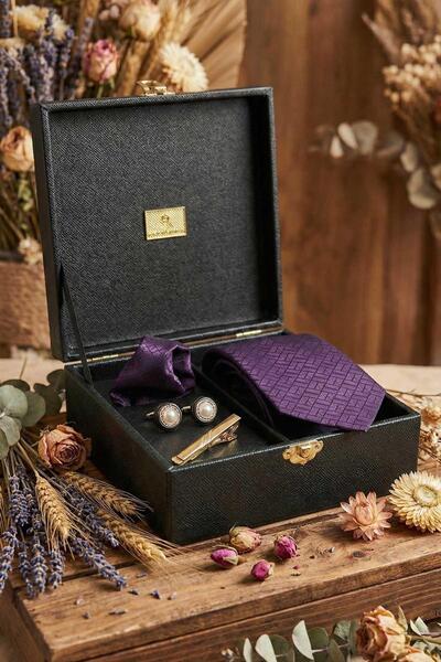 Kravatkolik Black Men's Gift Box - Tie Cufflinks Tie Clip Kmk118