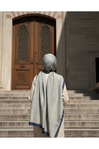 Qalortex Scarf Cotton Soft Pearl Patterned Shawl-Latte/Navy Blue