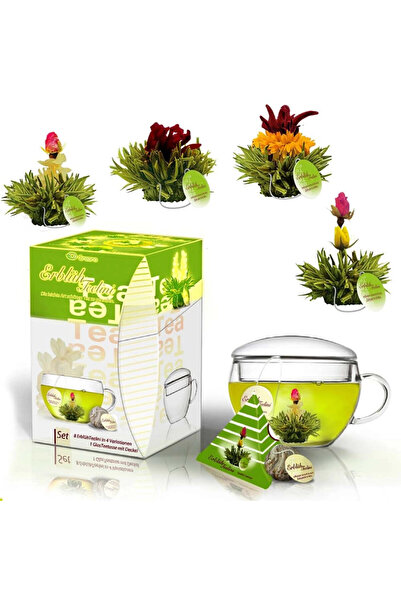 Creano Teelini blooming tea gift set, 200 ml glass mug with lid, 8 green tea ...