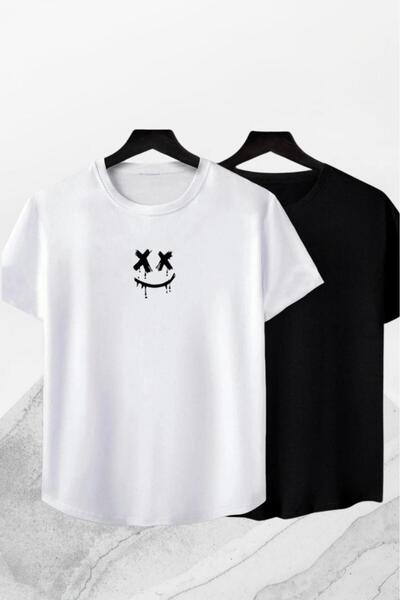 NO 601 Unisex Black-White Xx Smiley 2-Pack Basic S Slim Fit Oval Cut Crew Nec...