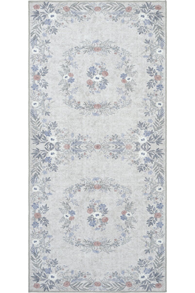 Cool Halı Florence Gri Mavi Çiçekli Otantik Makinada Yıkanabilir Leke Tutmaya...
