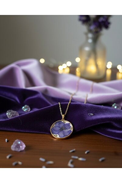 Staınless Mor Bahar Çiçeği Temalı El Yapımı Epoksi Kolye