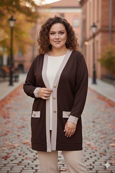 FOR ESRA BIG TREND Women's Plus Size Beige Garni Front Buttoned Ornamental Fl...