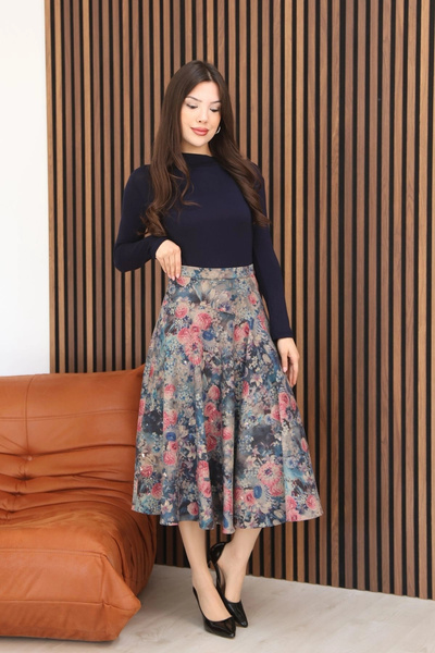 lodmela Printed and Sequined Velvet Flared Skirt 6070-Navy Blue/Multicolor