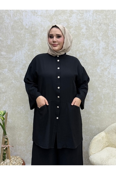 İLGEN FASHİON Wide-Leg Shirt with Button-Up Pocket Detail Strawberry Suit