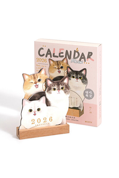 Choice تقويم مكتبي وردي من سيمنو بقاعدة خشبية، مزين برسومات كلاب/قطط، من يناي...