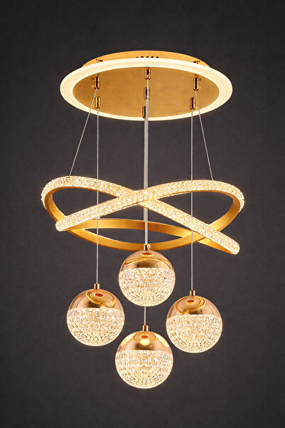 KUZENLER ✨Şık Gold Kristal LED Avize – 4’lü Top Tasarım, 3 Renk Aydınlatma