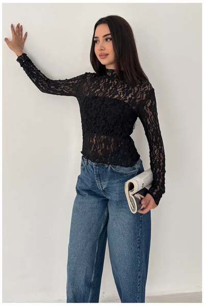 CARLA MARA Women's Transparent Floral Pattern Lace Blouse