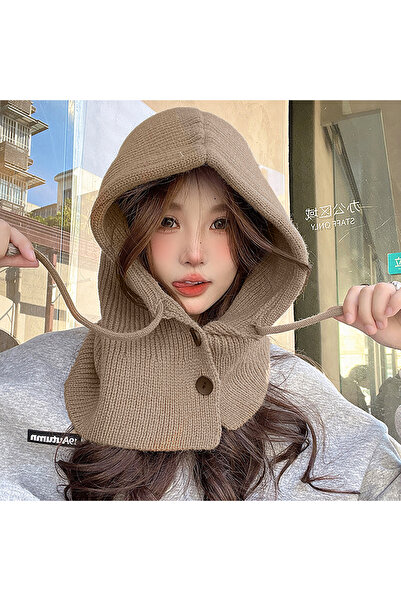 Choice بطانية صوفية محبوكة أنيقة بلون الكاكي، بغطاء رأس بغطاء رأس، مع ياقة، ط...