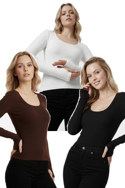 RİEMA Kadın 3'lü Parmak Detaylı 3'lü Set Parmak Geçirmeli %95 Pamuk U Yaka Uz...