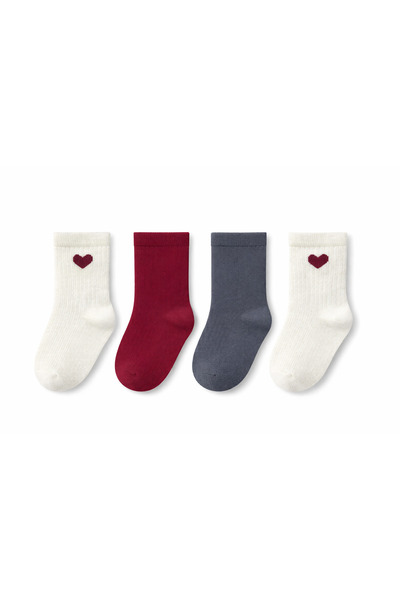 SOLDE SOCKS 4’lü Set Bebek/Çocuk Pamuklu Günlük Çorap – Kalp Desenli & Düz Re...