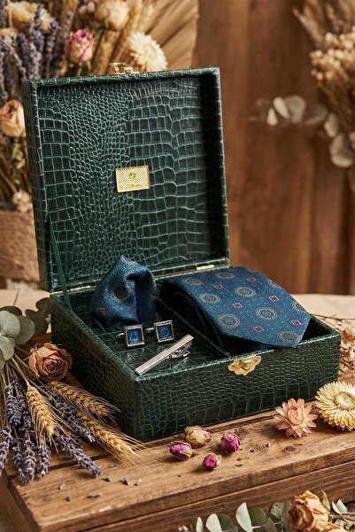 Kravatkolik Cutie cadou pentru bărbați verde - Cravată, butoni, agrafă pentru...