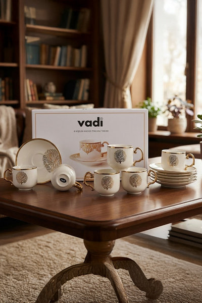 Vadi Tree of Life Patterned 6-Person Porcelain Coffee Cup Set Gold