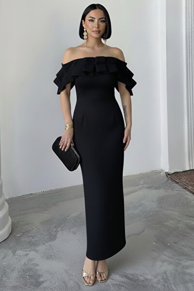 ALFUDO Moda Collection فستان سهرة طويل بكتف مكشوف وذيل طويل