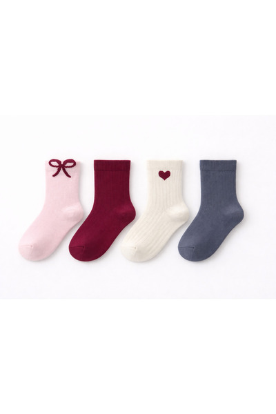 SOLDE SOCKS Set of 4 Baby Cotton Daily Socks – Bow & Heart Patterned, Solid C...