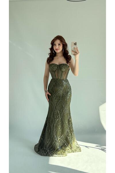 AYŞENUR DİNÇER Valeri Straplez Taşlı Abiye Haki Yeşil