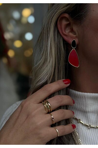SİBELİZE Elegant Gold Detailed Red Black Earrings