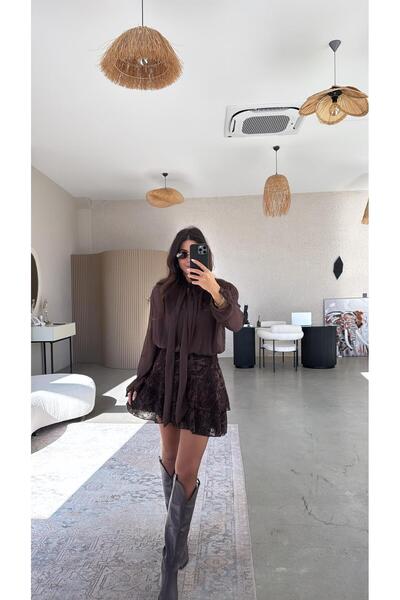 Buket Teke Rochie Premium din catifea maro cu imprimeu