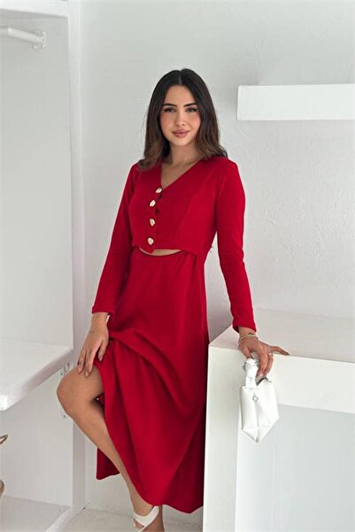Neşeli Butik Women Red V-Neck Button Detail Waist Low-Cut Midi Length Dress N...