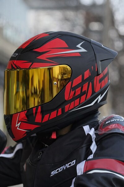 LS2 RAPID 2 CROMO MAT SİYAH-KIRMIZI KASK-GOLD VİZÖR-SPOİLER